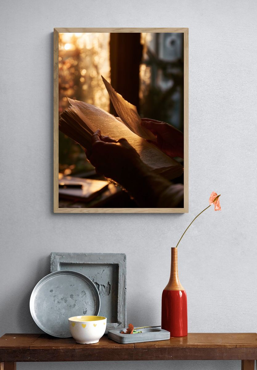Sunlit Book Reading Photography Poster. — room view 3
