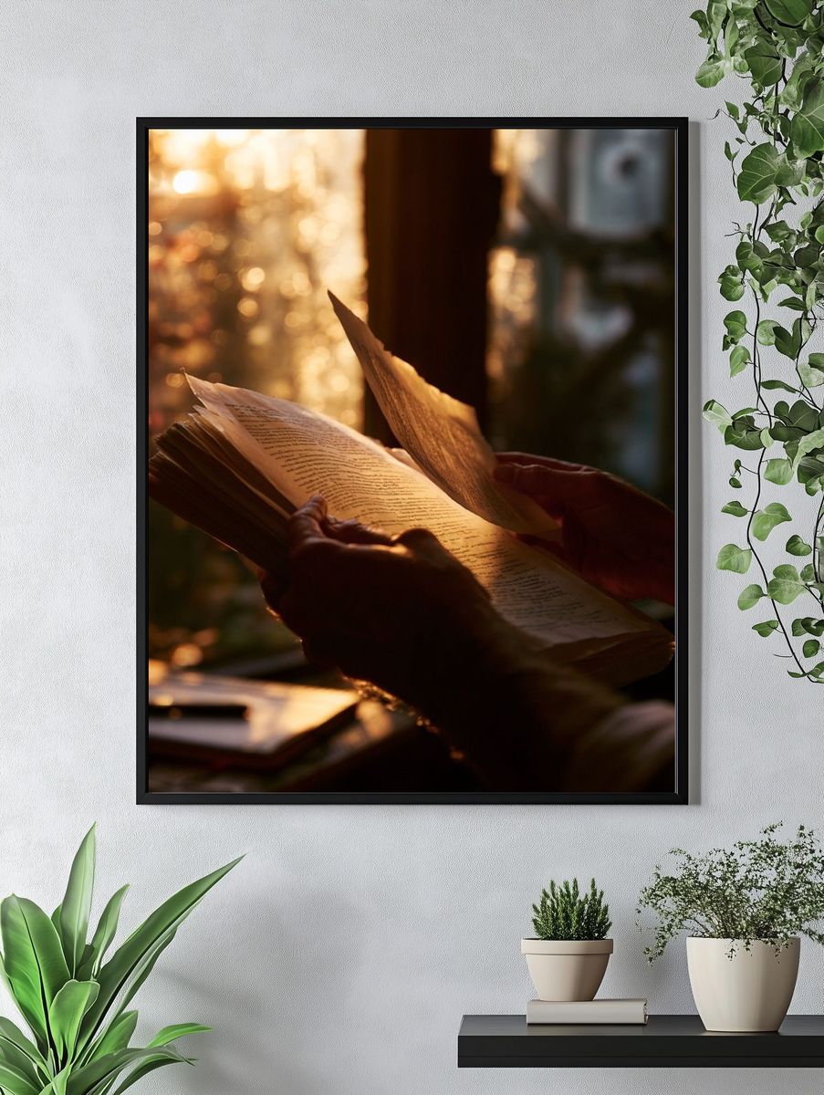 Sunlit Book Reading Photography Poster. — room view 4