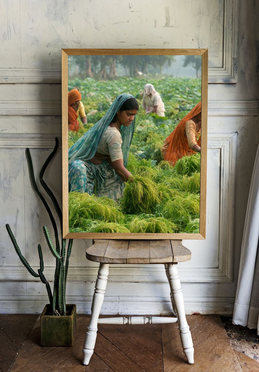 Women Harvesting Rice Photography Poster. — room view 1