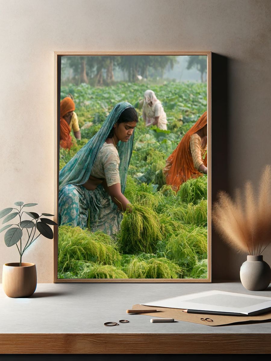 Women Harvesting Rice Photography Poster. — room view 2