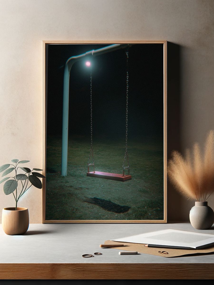 Lonely Swing at Night Photography Poster. — room view 2