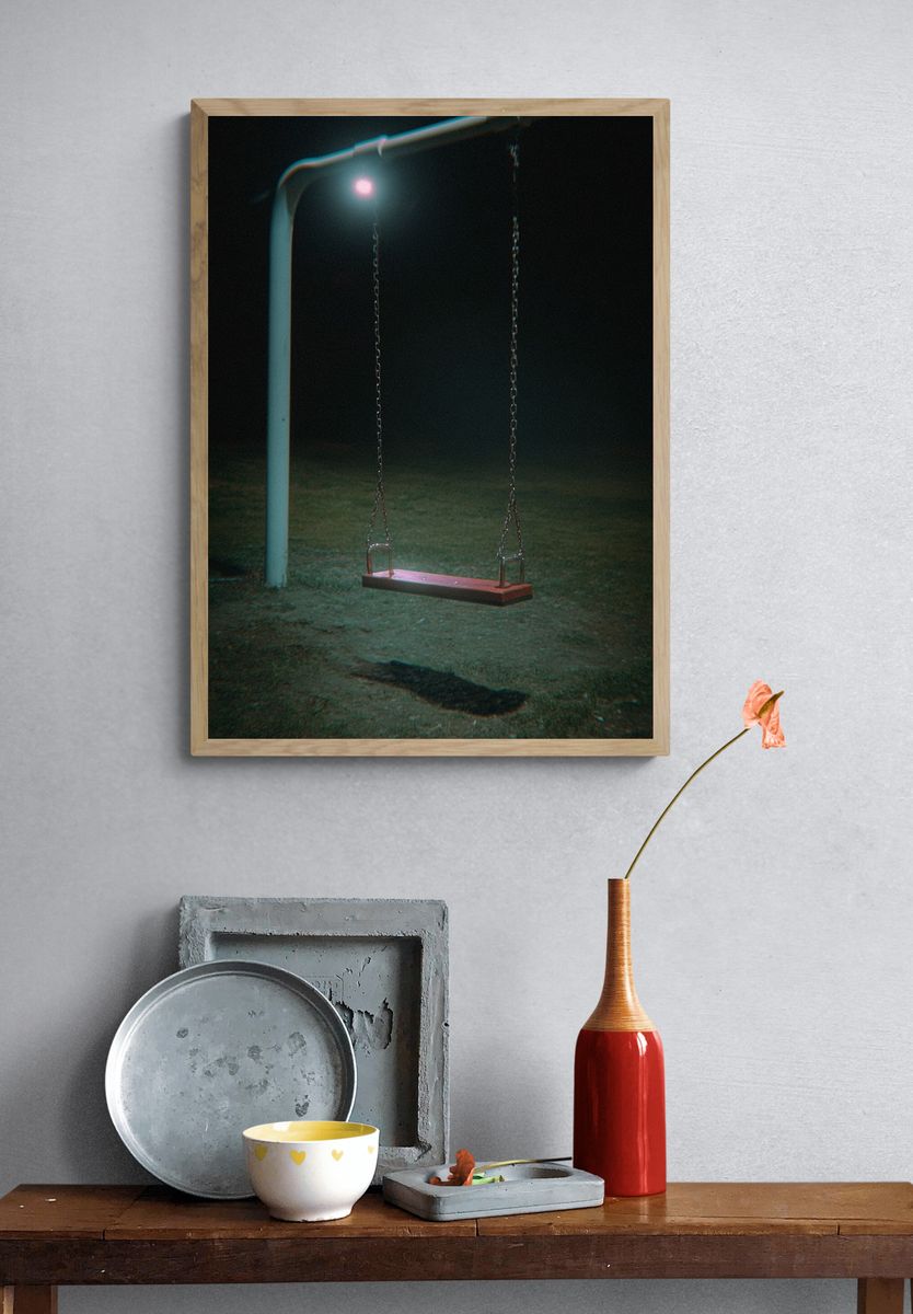Lonely Swing at Night Photography Poster. — room view 3
