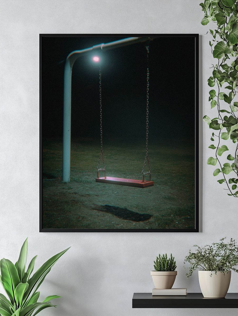 Lonely Swing at Night Photography Poster. — room view 4