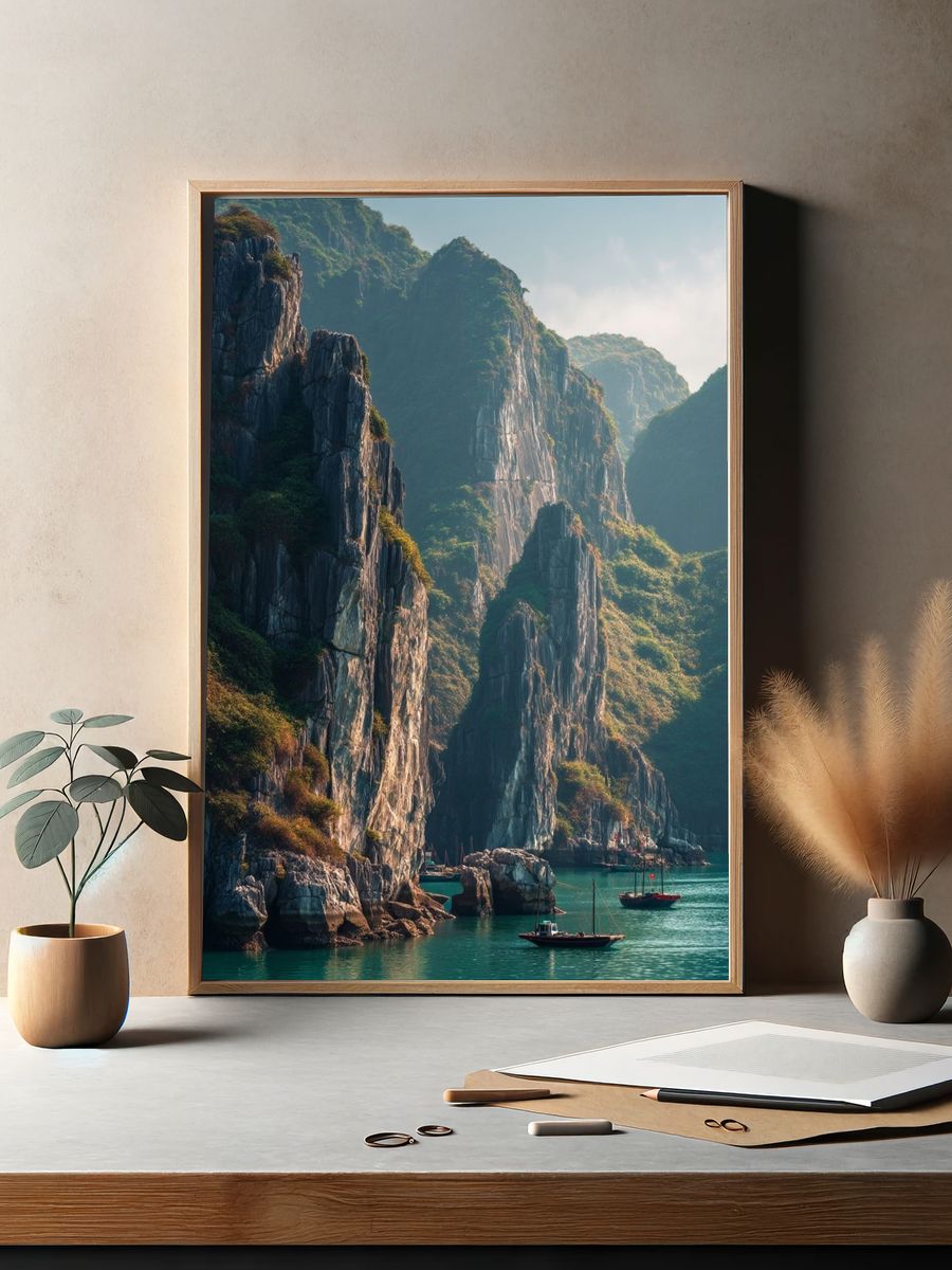 Ha Long Bay Cliffs Photography Poster. — room view 2