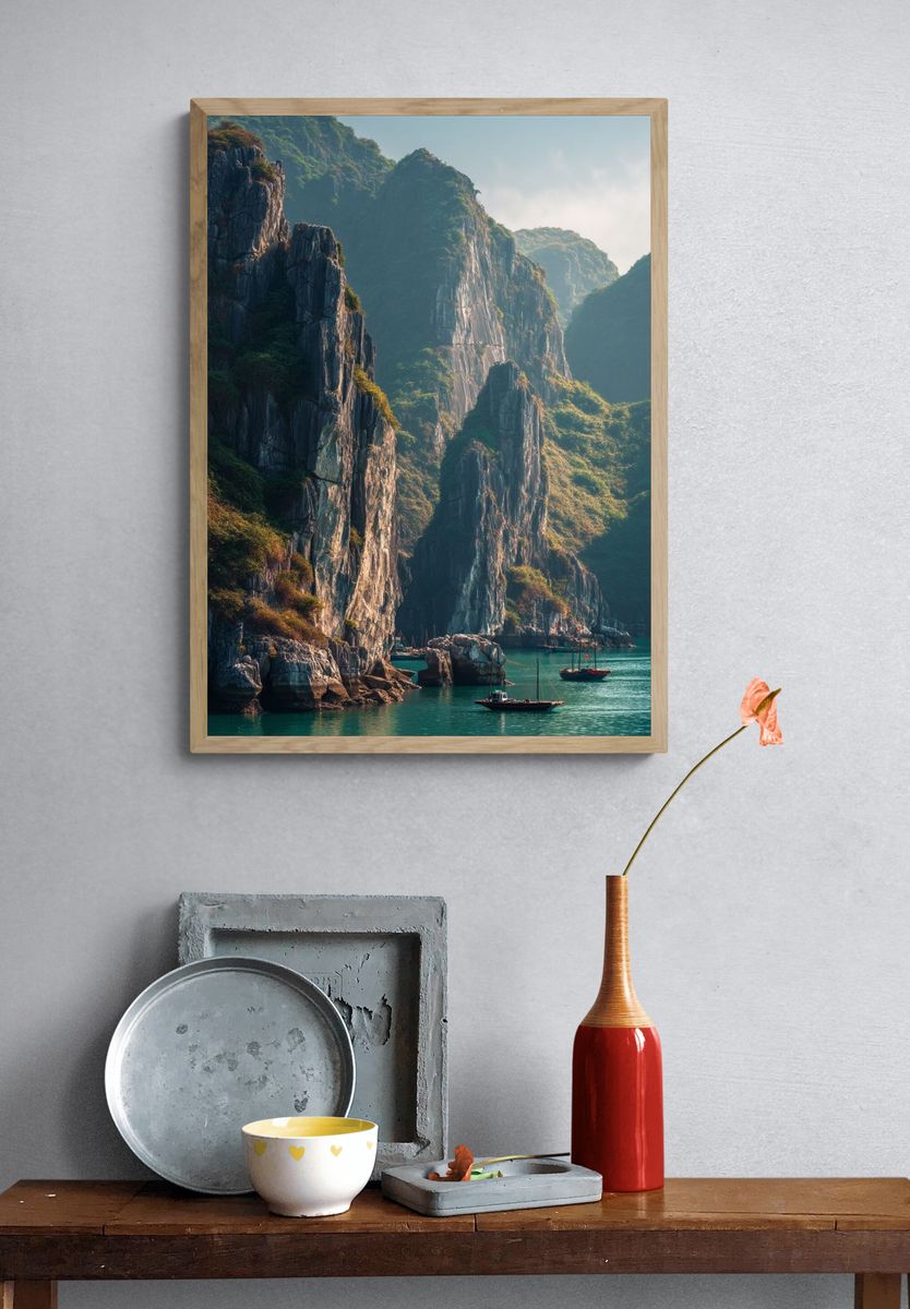 Ha Long Bay Cliffs Photography Poster. — room view 3