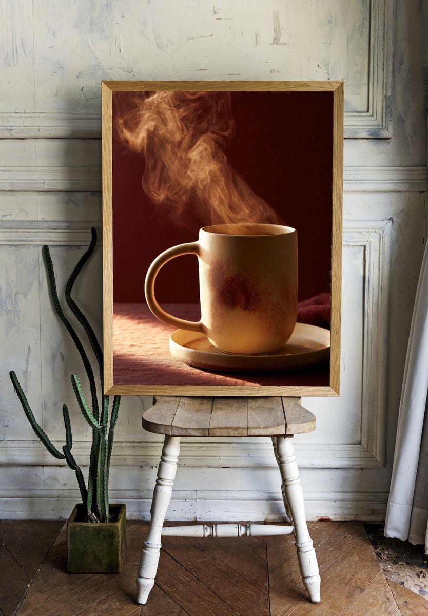 Steaming Coffee Mug Photography Poster. — room view 1