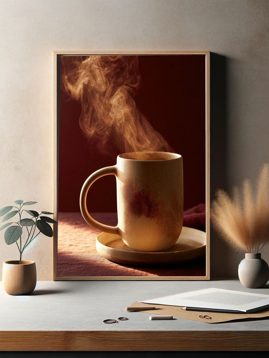 Steaming Coffee Mug Photography Poster. — room view 2