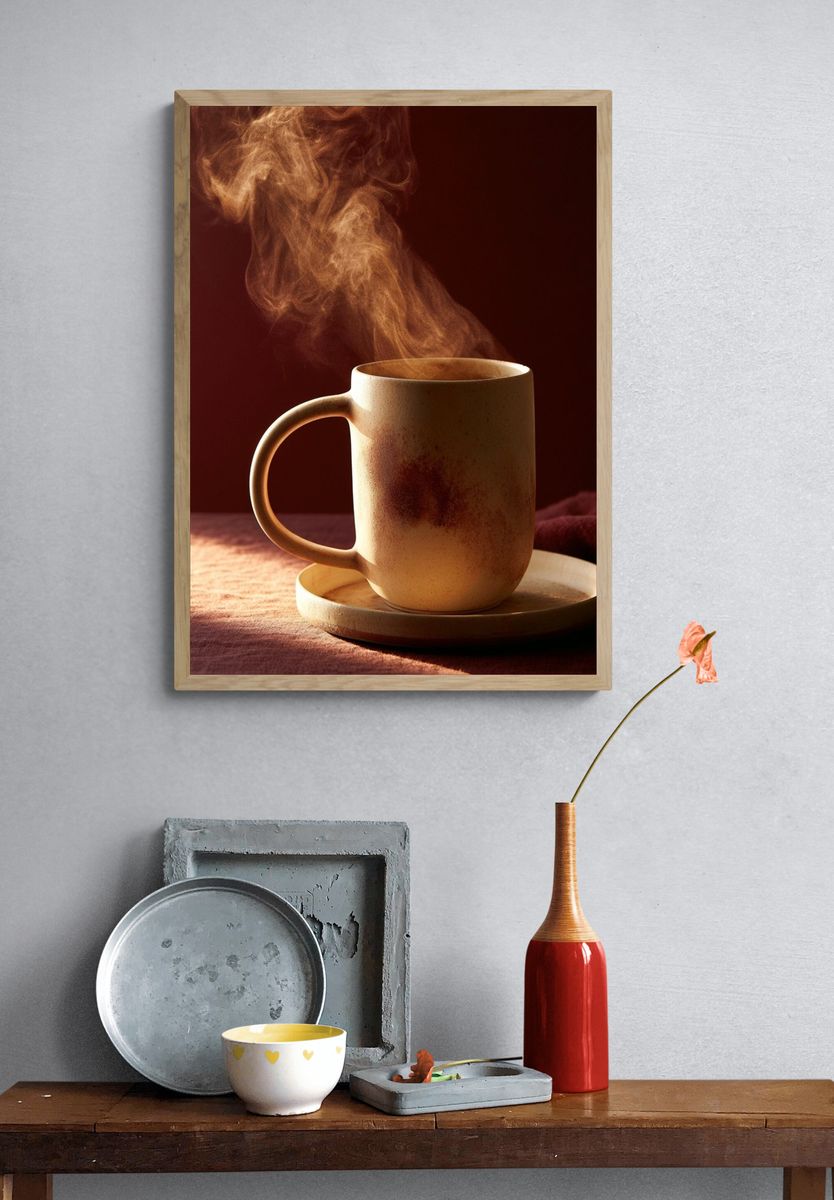 Steaming Coffee Mug Photography Poster. — room view 3