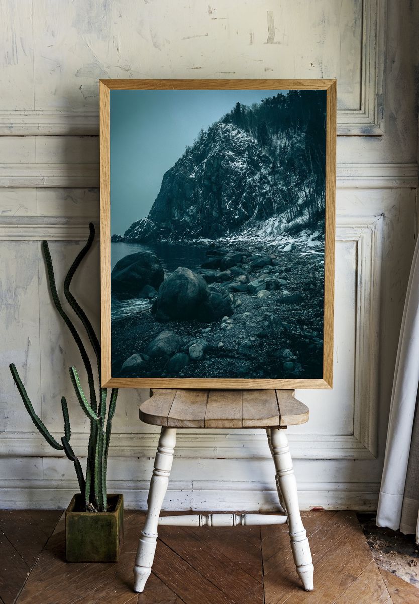 Snowy Coastal Cliff Photography Poster. — room view 1