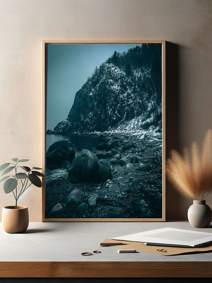 Snowy Coastal Cliff Photography Poster. — room view 2