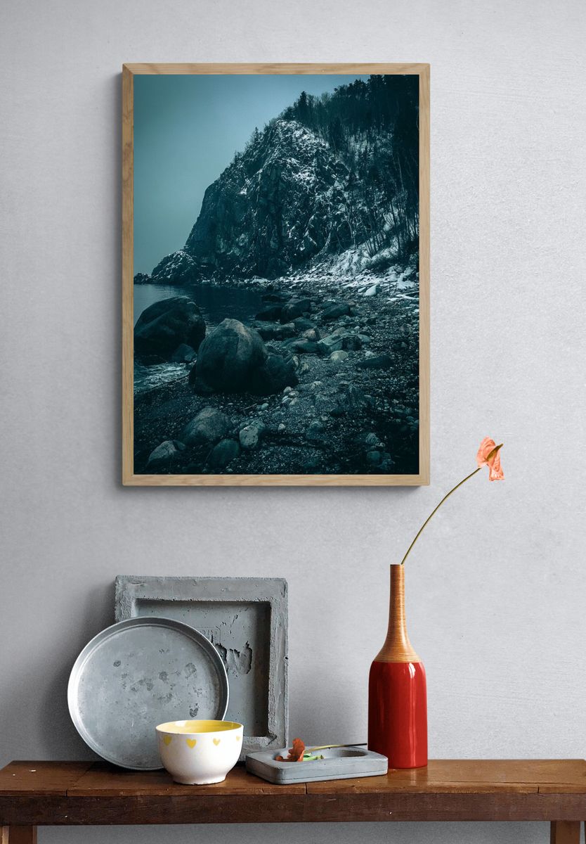 Snowy Coastal Cliff Photography Poster. — room view 3