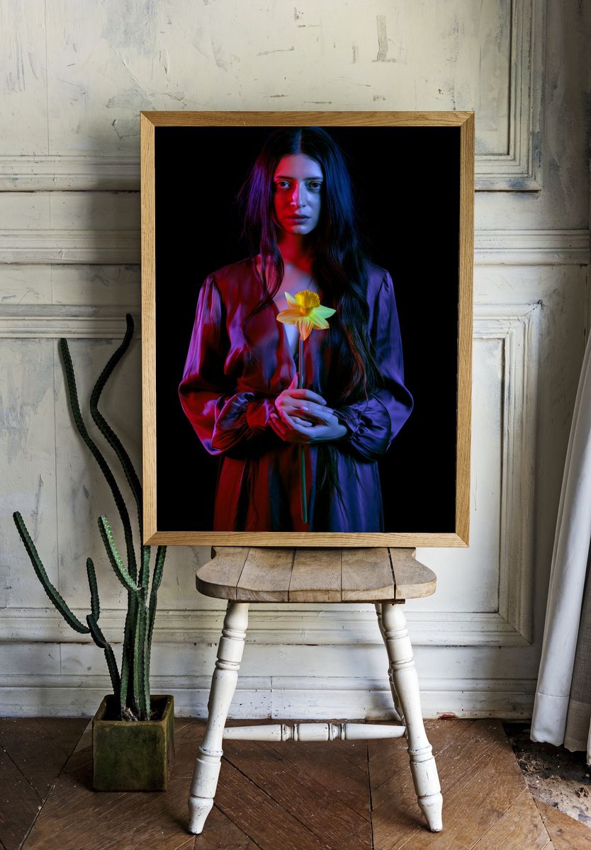 Neon Portrait with Daffodil Print. room preview