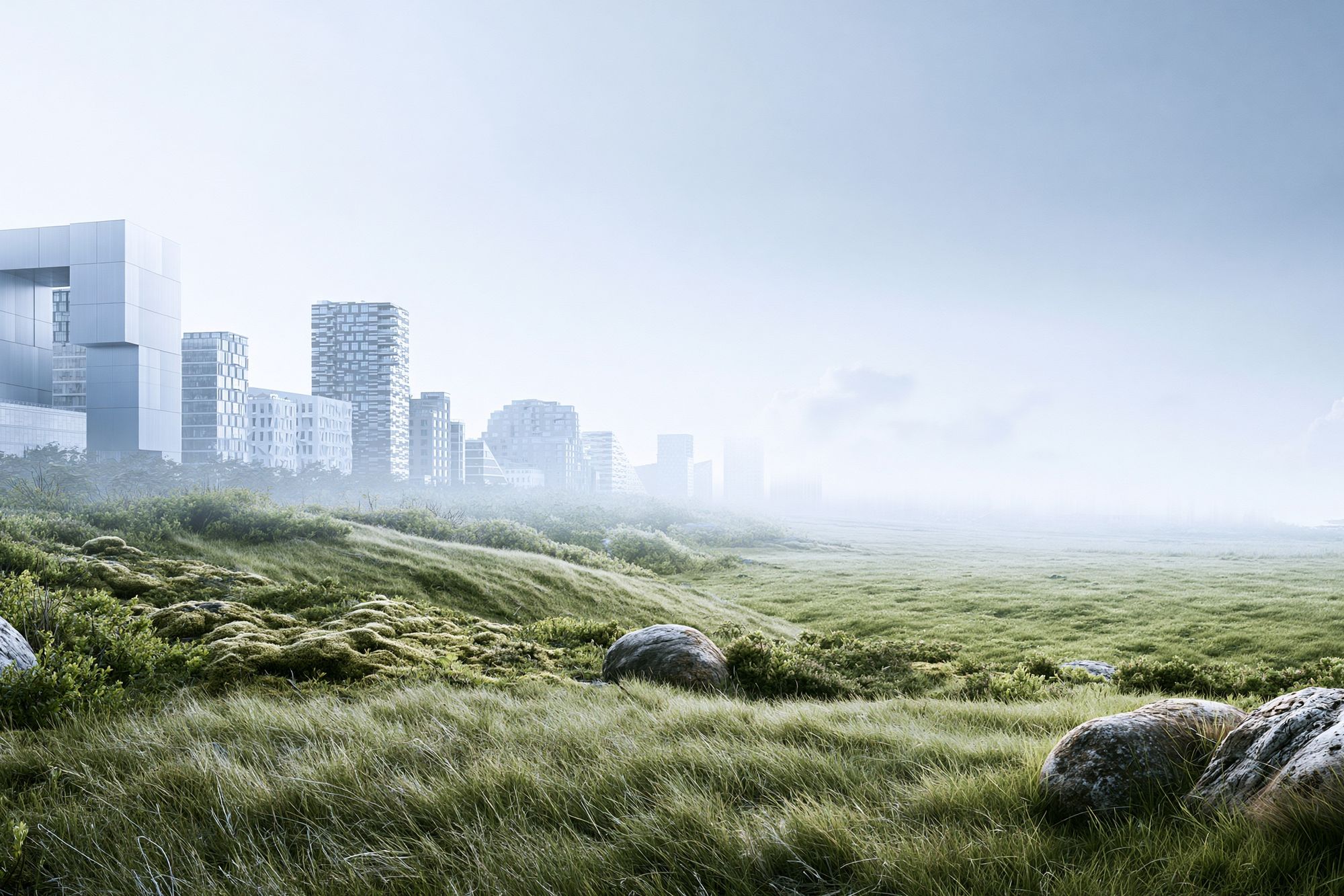 Misty Urban Meadow Landscape Print. poster detail
