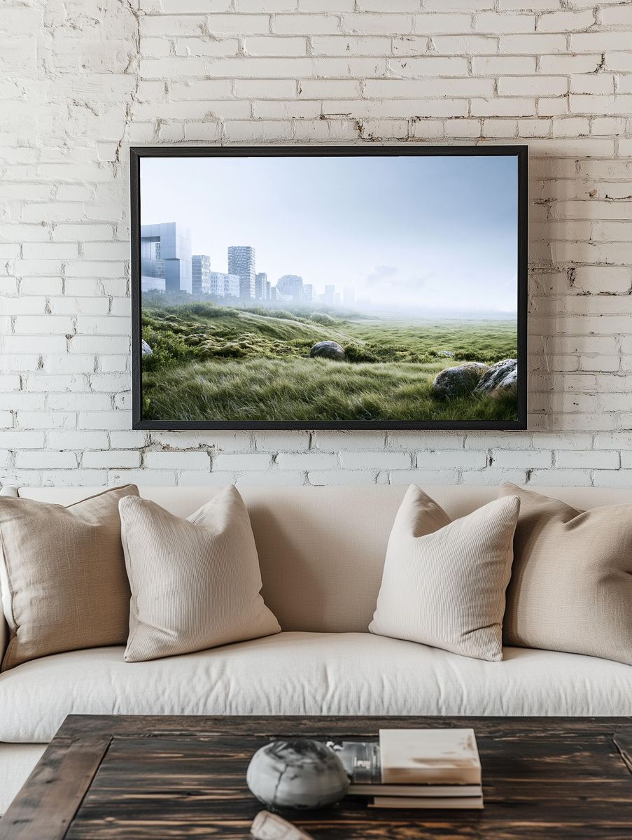 Misty Urban Meadow Landscape Print. room preview