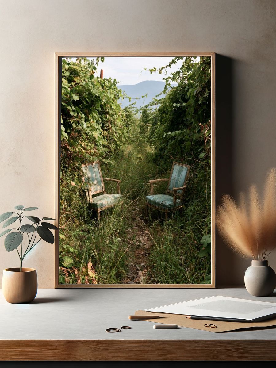 Overgrown Garden Chairs Photography Poster. — room view 2