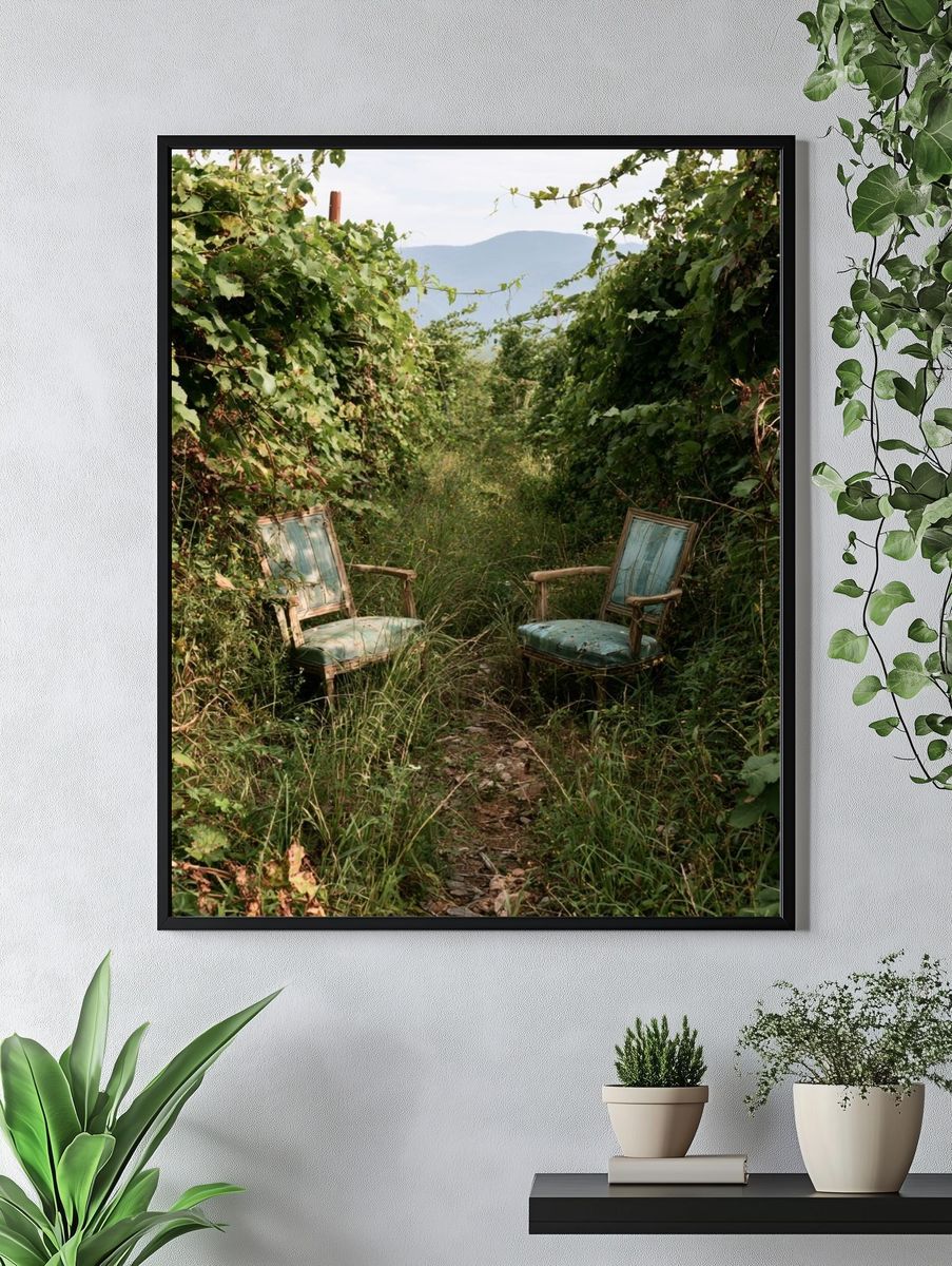 Overgrown Garden Chairs Photography Poster. — room view 4