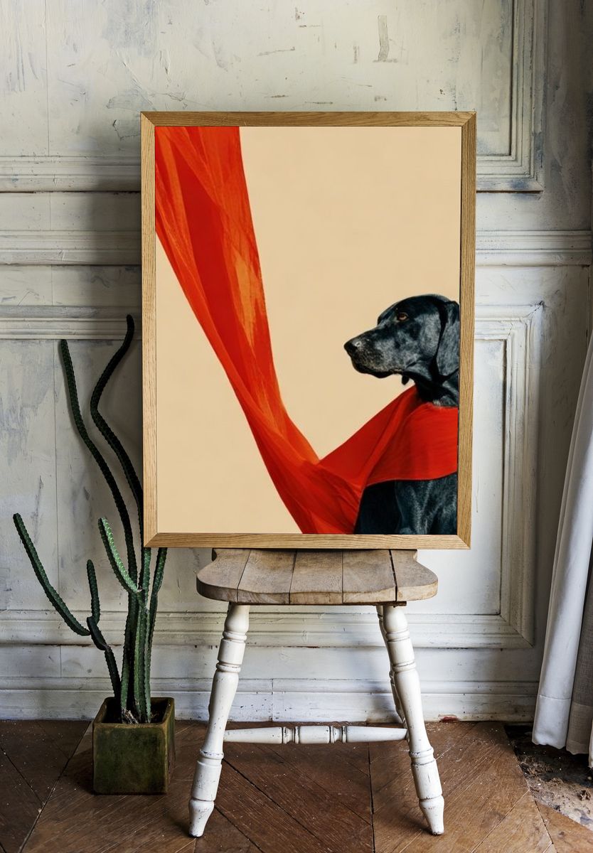 Black Dog with Red Scarf Photography Poster. room preview