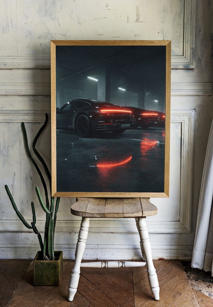 Neon Sports Cars Garage Photography Poster. — room view 1