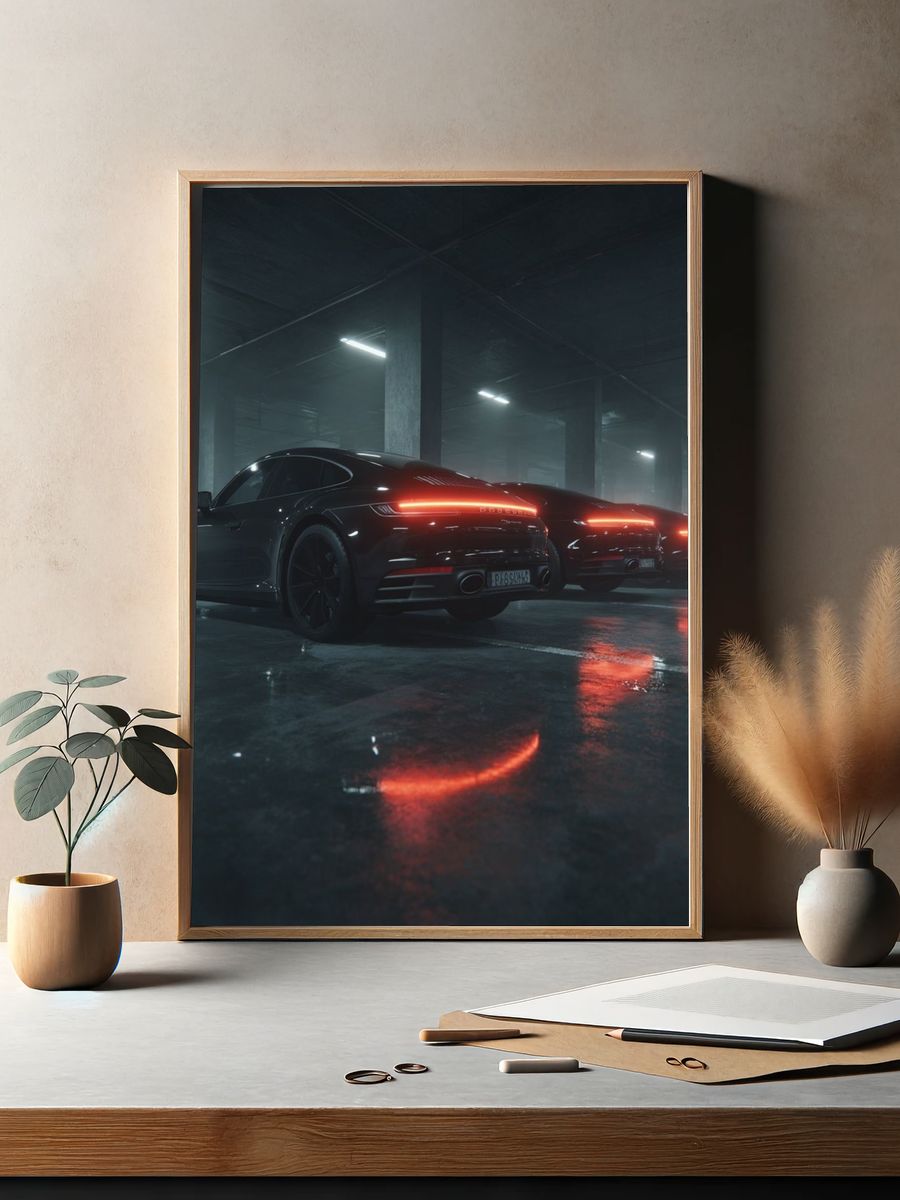 Neon Sports Cars Garage Photography Poster. — room view 2