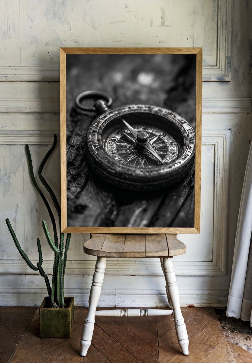 Antique Compass Black-White Poster. — room view 1