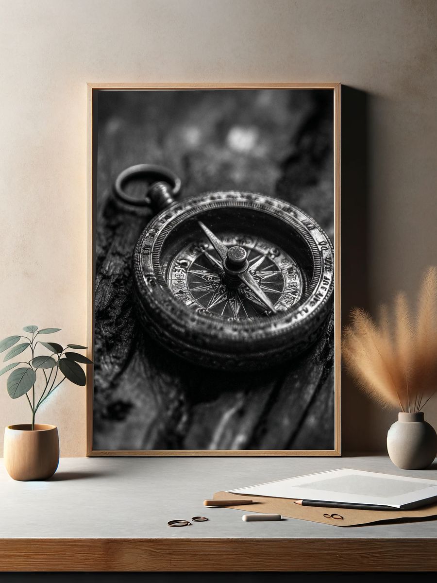 Antique Compass Black-White Poster. — room view 2