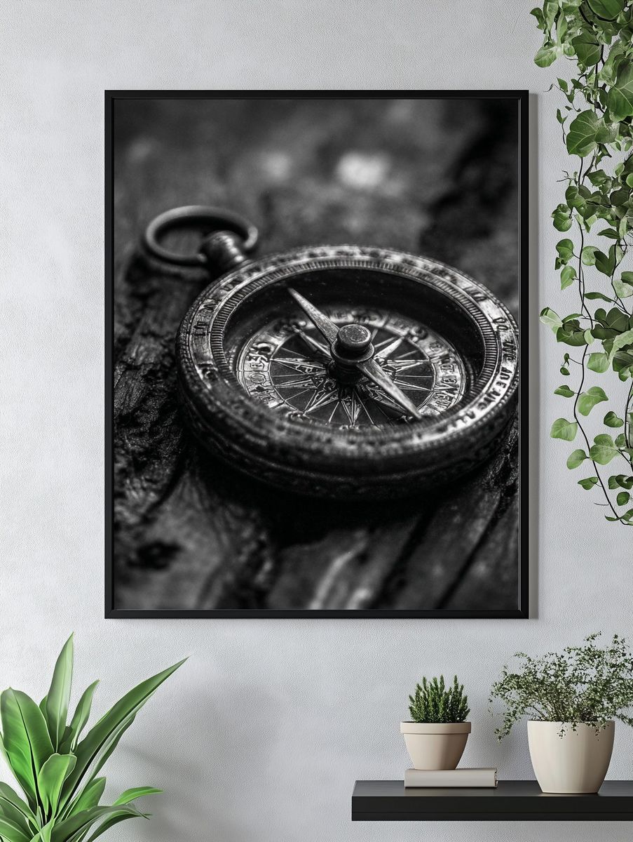 Antique Compass Black-White Poster. — room view 4