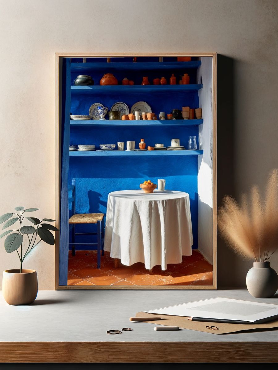Blue Mediterranean Interior Photography Poster. — room view 2