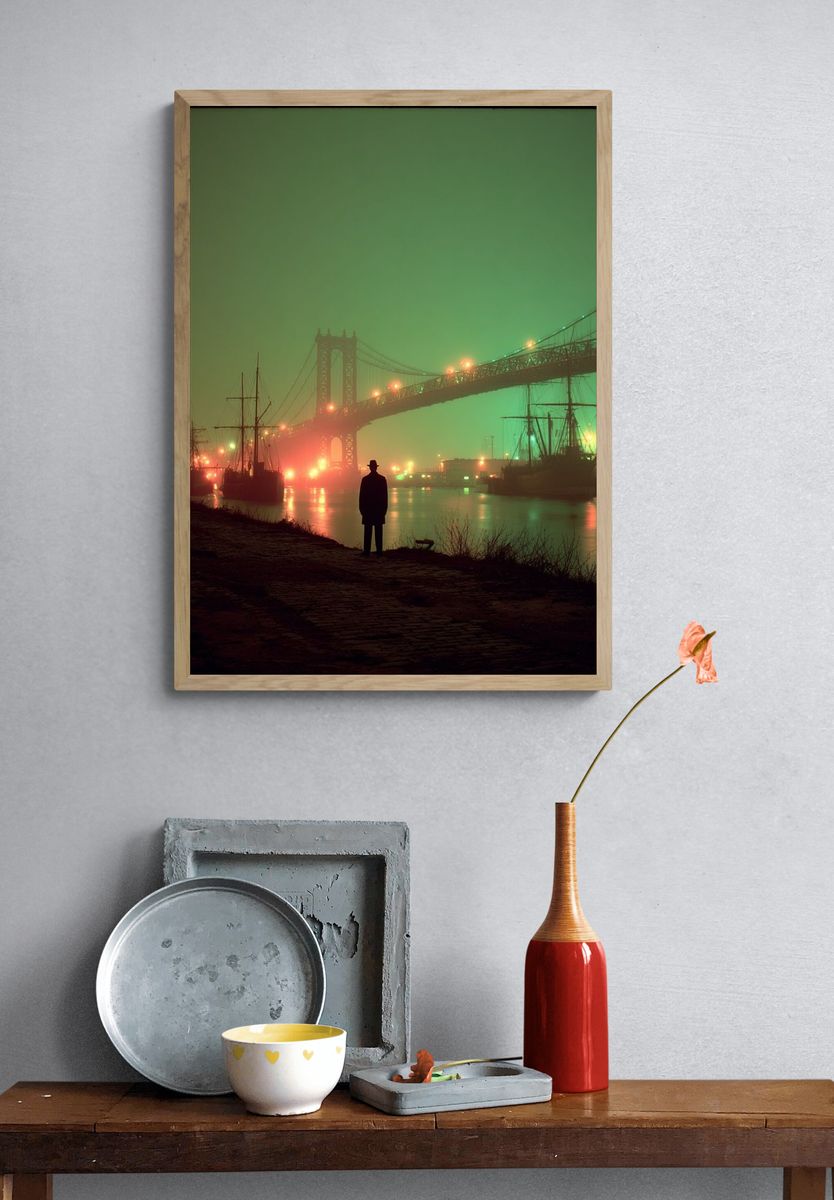 Foggy Bridge Nightscape Photography Poster. — room view 3