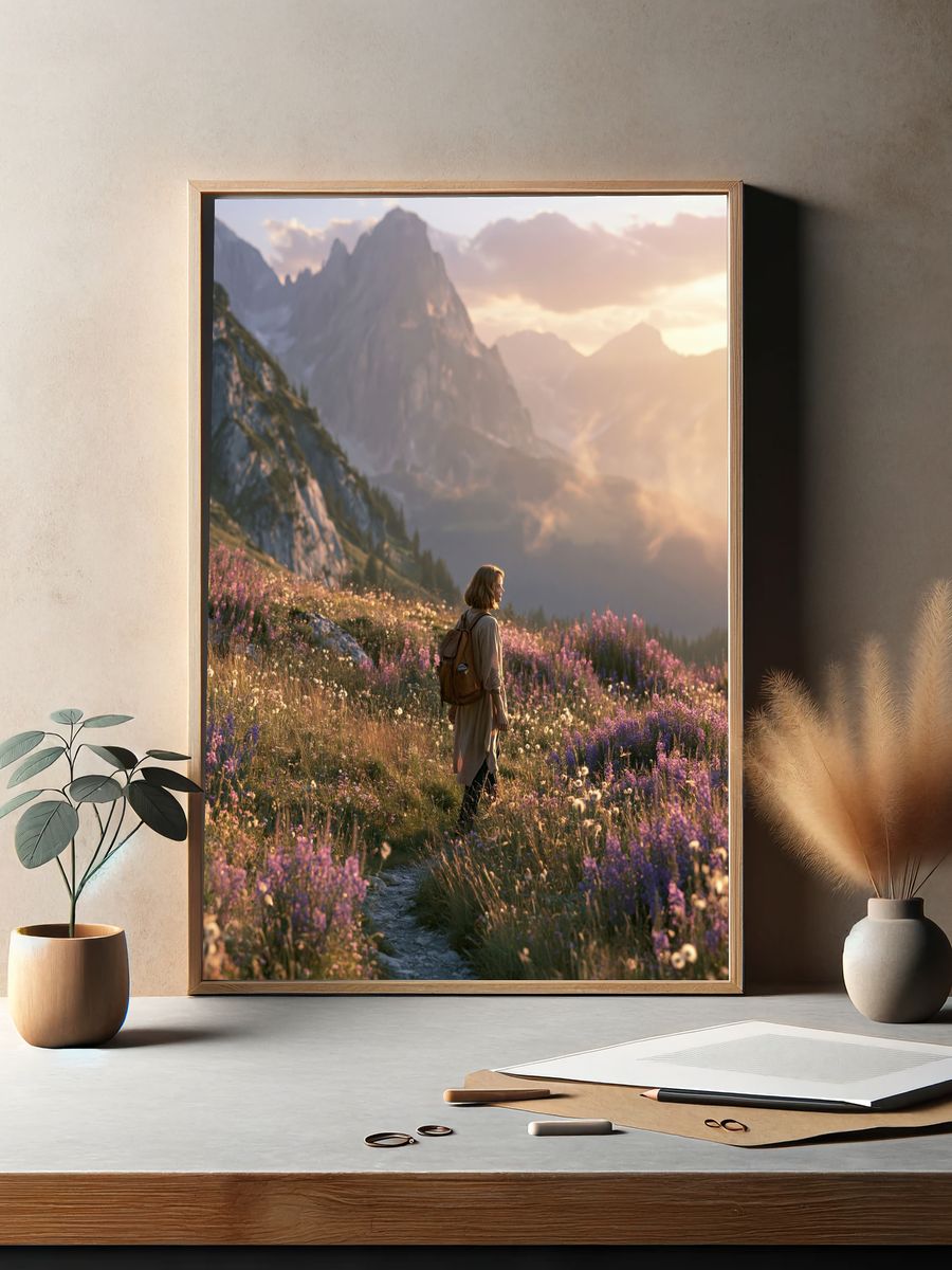 Alpine Meadow Hiker Photography Poster. — room view 2