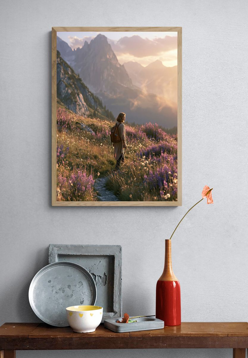 Alpine Meadow Hiker Photography Poster. — room view 3