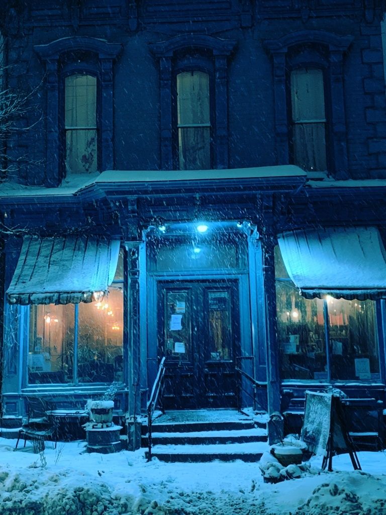 Snowy Blue Housefront Photography Poster. poster detail
