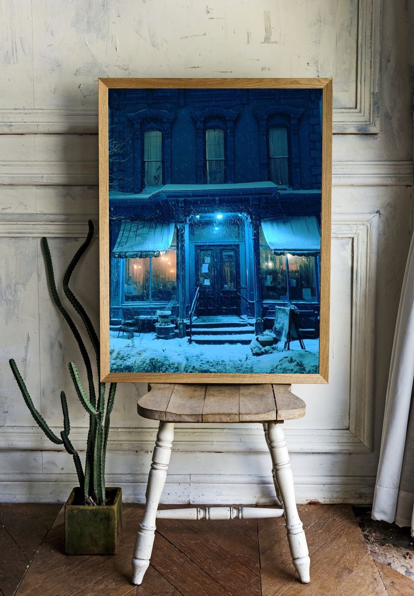 Snowy Blue Housefront Photography Poster. — room view 1