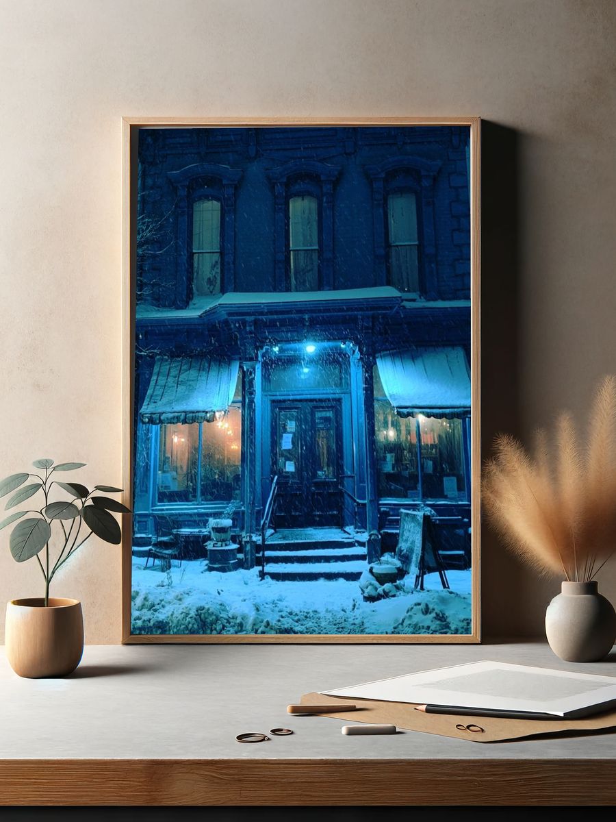 Snowy Blue Housefront Photography Poster. — room view 2