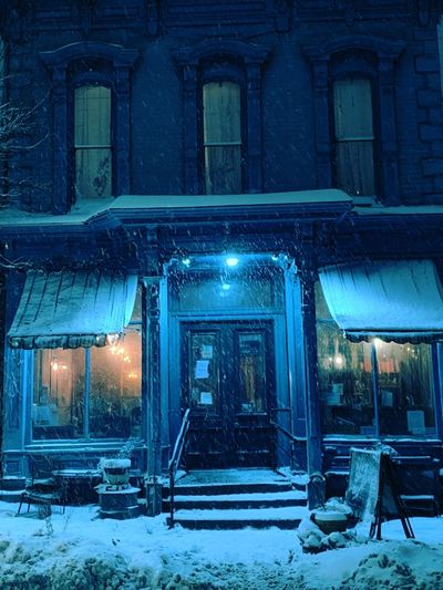 Snowy Blue Housefront Photography Poster.