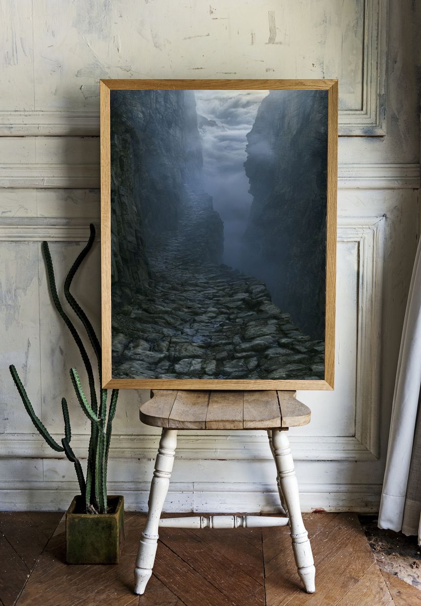 Misty Canyon Path Photography Poster. room preview