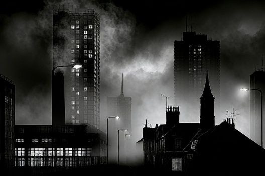Foggy City Skyline Black-White Print. poster — photography art