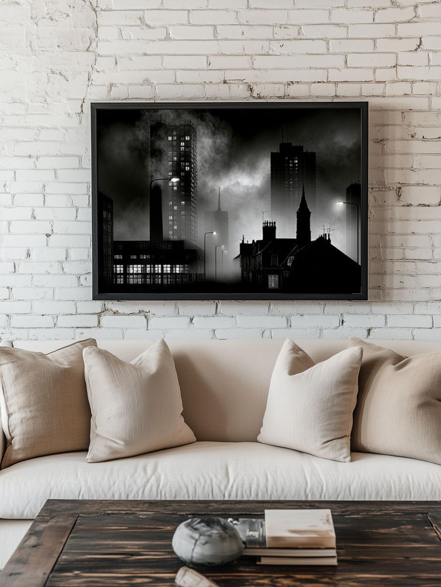 Foggy City Skyline Black-White Print. — room view 1