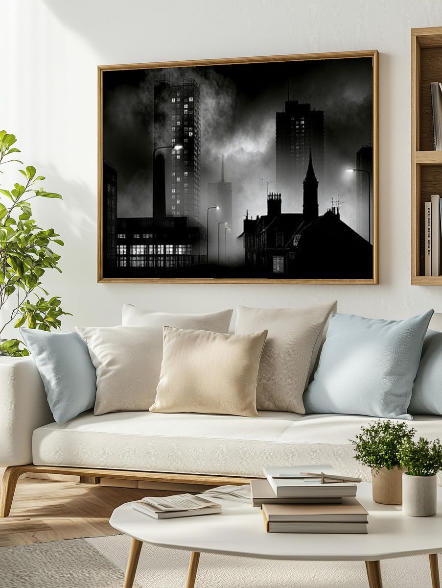 Foggy City Skyline Black-White Print. — room view 2