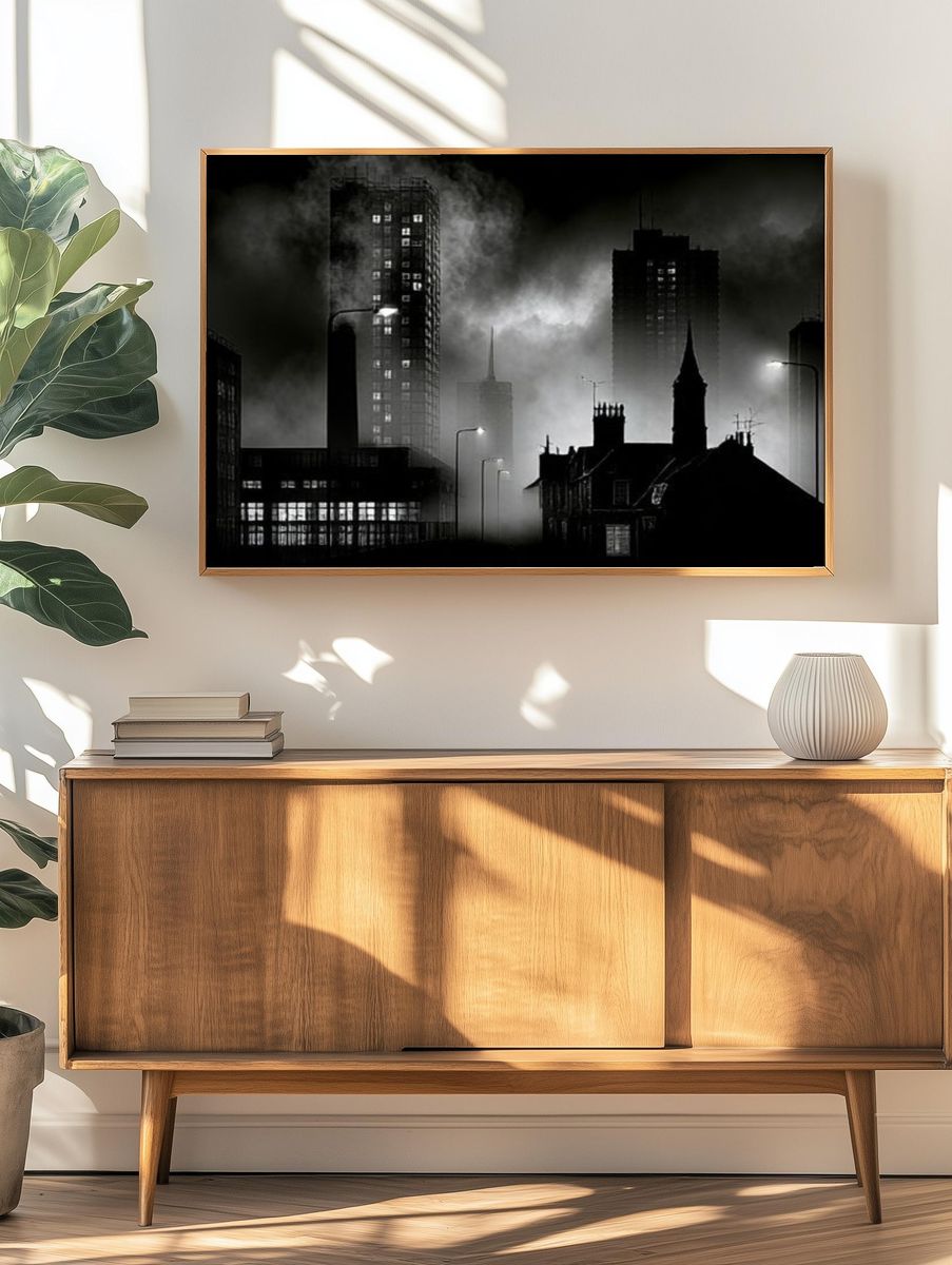 Foggy City Skyline Black-White Print. — room view 3