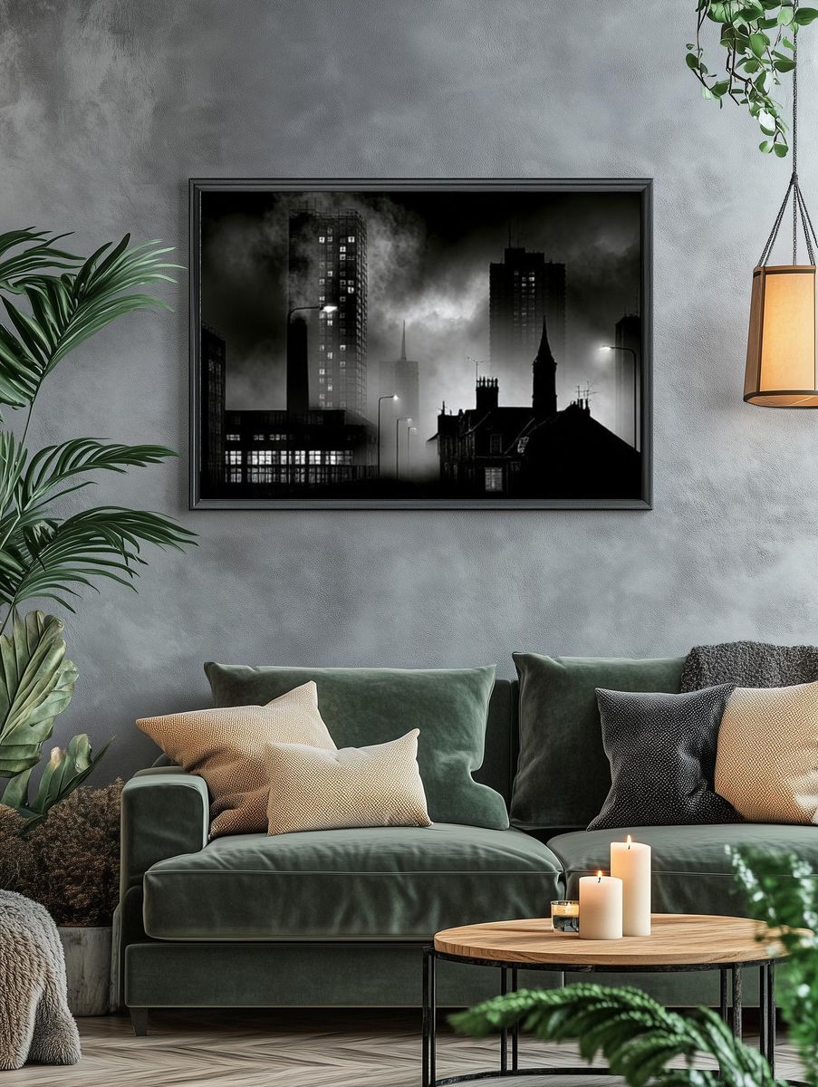Foggy City Skyline Black-White Print. — room view 4