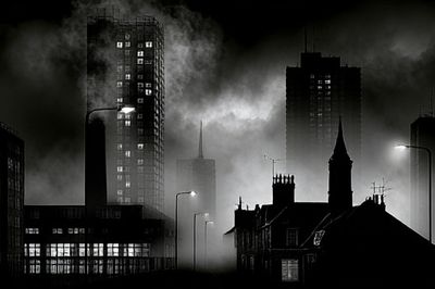 Foggy City Skyline Black-White Print. poster