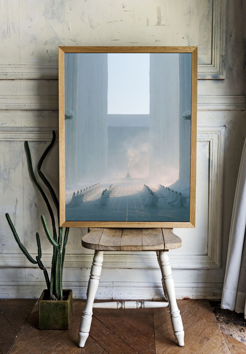 Misty Temple Courtyard Photography Poster. — room view 1