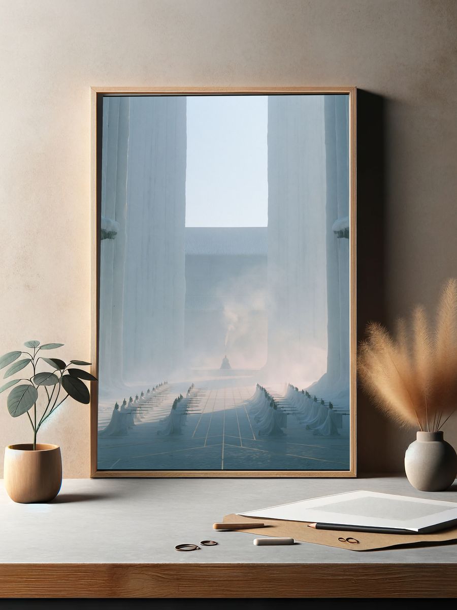 Misty Temple Courtyard Photography Poster. — room view 2