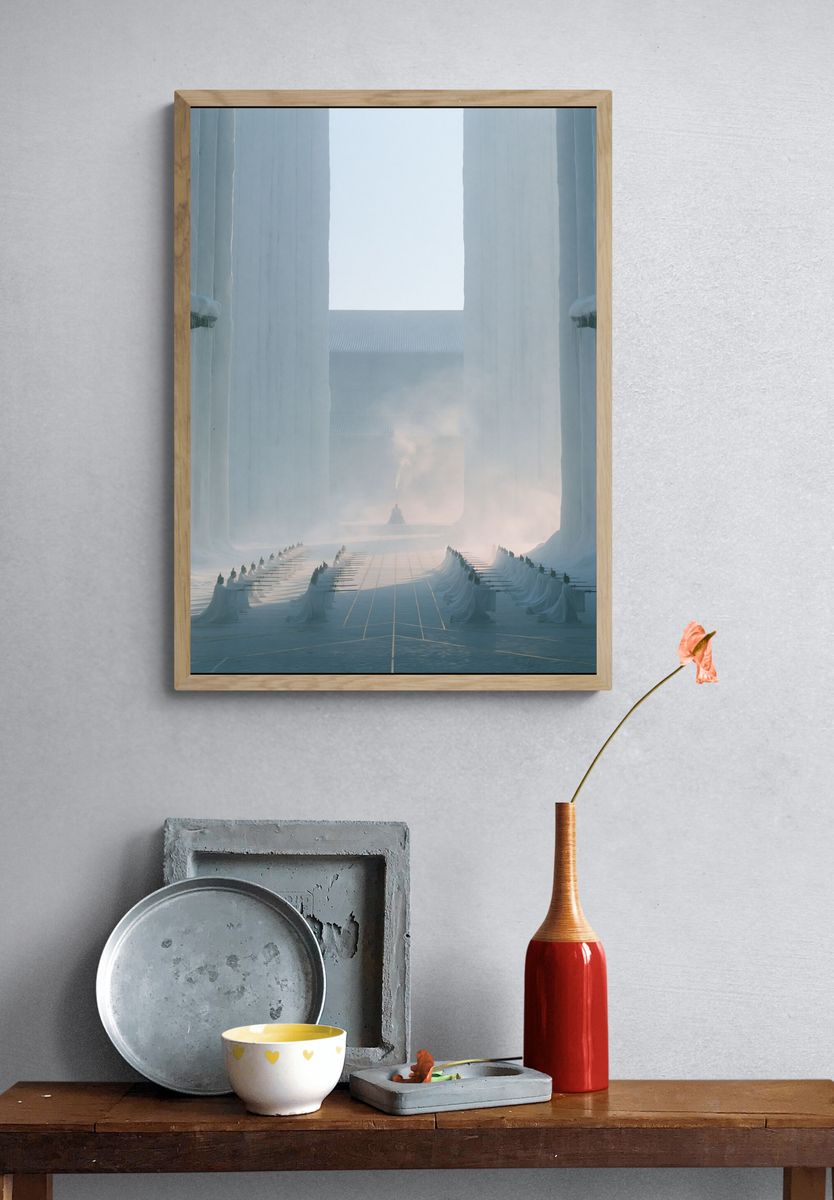 Misty Temple Courtyard Photography Poster. — room view 3