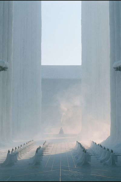 Misty Temple Courtyard Photography Poster. poster