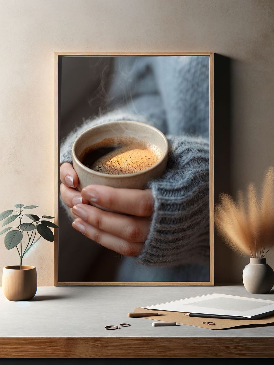 Cozy Coffee Hands Photography Poster. — room view 2