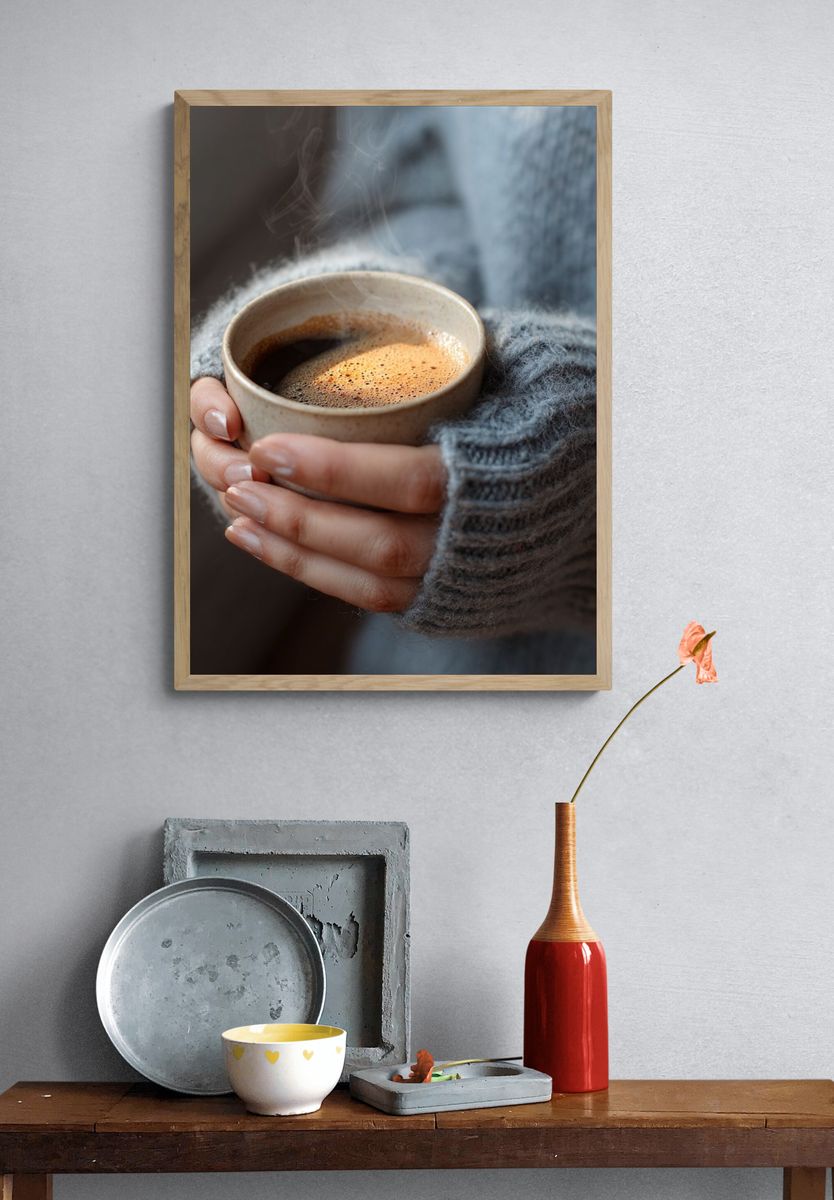 Cozy Coffee Hands Photography Poster. — room view 3