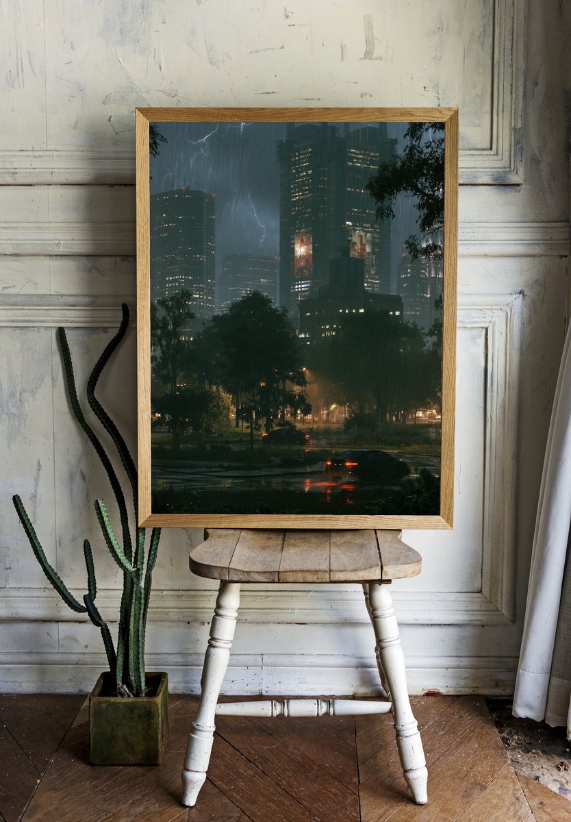 Rainy City Skyline Photography Poster. — room view 1