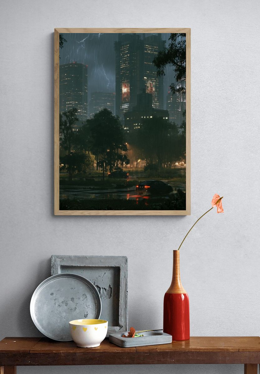 Rainy City Skyline Photography Poster. — room view 3