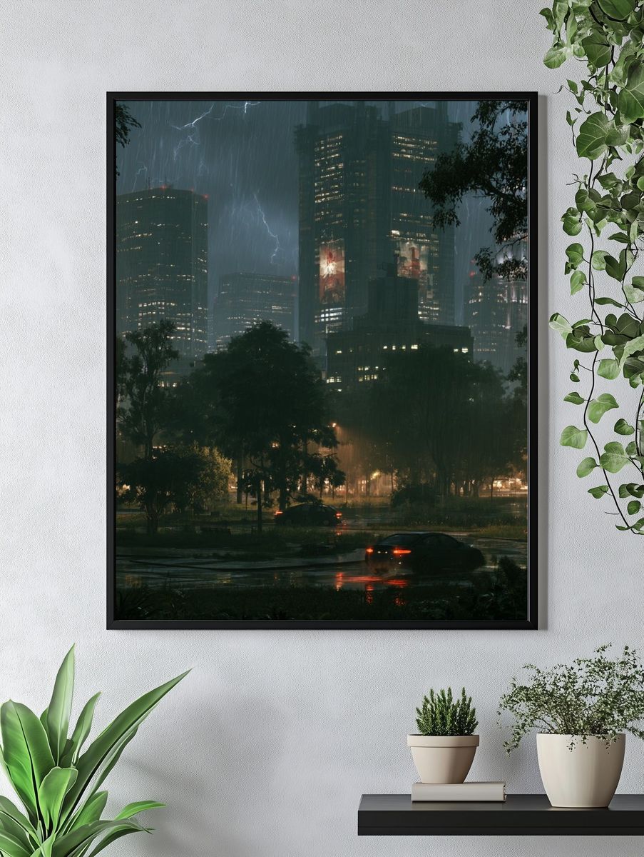 Rainy City Skyline Photography Poster. — room view 4
